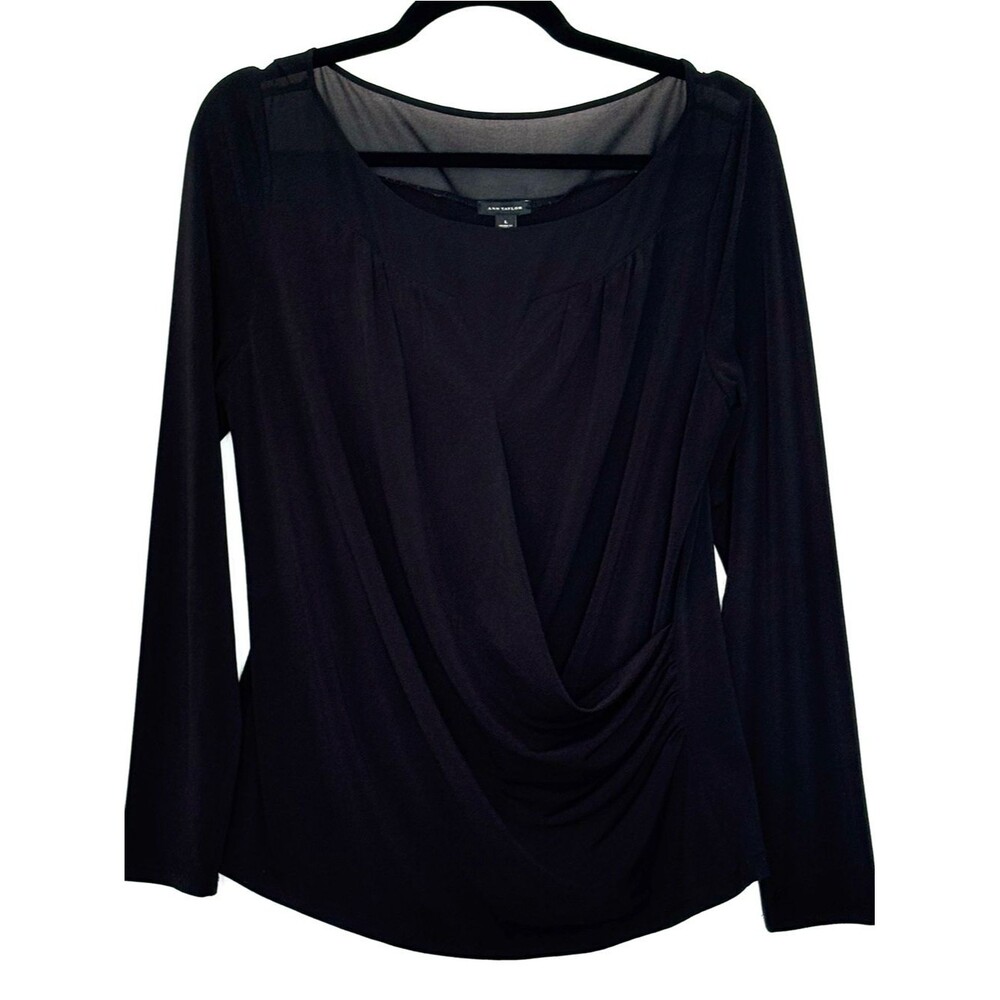 Ann Taylor Black Mixed Media Faux Wrap Top Size Large